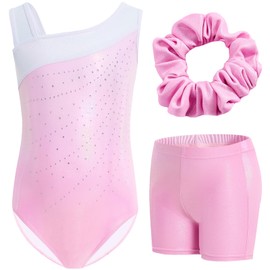 Gogokids Girls Three Piece Gymnastics Set, Y Neck Sleeveless Leotard with Shorts and Headband, Ballet Dancing Leotard Gymnastics Outfit with Blue & Purple Colour Block Design, 3-12 Years, pink white