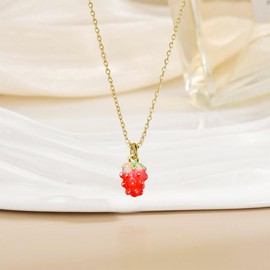 ONLYJUMP Crystal Fruit Necklace for Women Funny Colourful 14K Gold Plated Lifelike Apple Strawberry Cherry Durian CZ Tropical Fruit Charm Pendant Fruit Basket Choker for Summer Beach Fashion Jewelry Gifts (Strawberry)