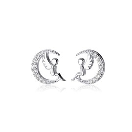Cute Guardian Angel Stud Earrings Sterling Silver Dainty Clear CZ Crytsal Crescent Moon Wedding Earring Cartilage Studs Hypoallergenic for Women Teen Girls Gifts