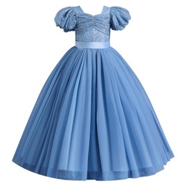 IDOPIP Flower Girl Sequin Lace-up Bowknot Dress for Kids Wedding Bridesmaid Pageant Party Formal Long Maxi Gown Big Little Princess First Communion Birthday Prom Puffy Tulle Dresses Blue 6-7 Years