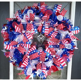 XL Patriotic 4th of July Vintage BLING Deco Mesh Front Door Wreath Home Decor Funky Fun Festive Summer Birthday Party Decor Indoor Outdoor