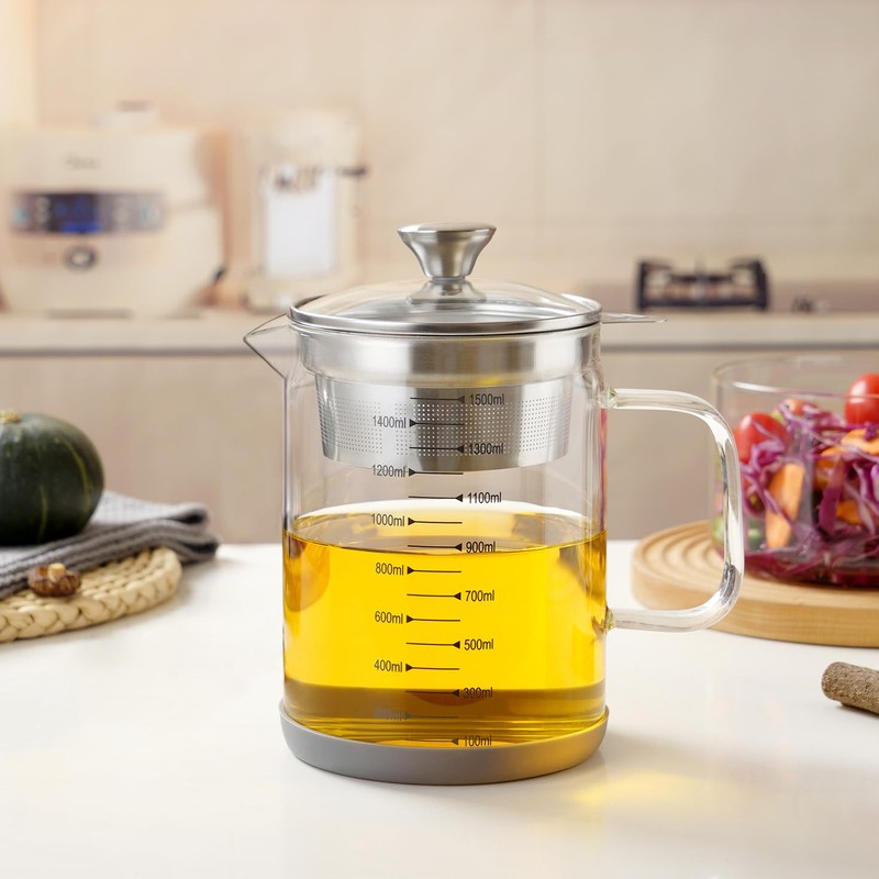 Abdodar 50oz Glass Oil Strainer Container with Fine Mesh Strainer