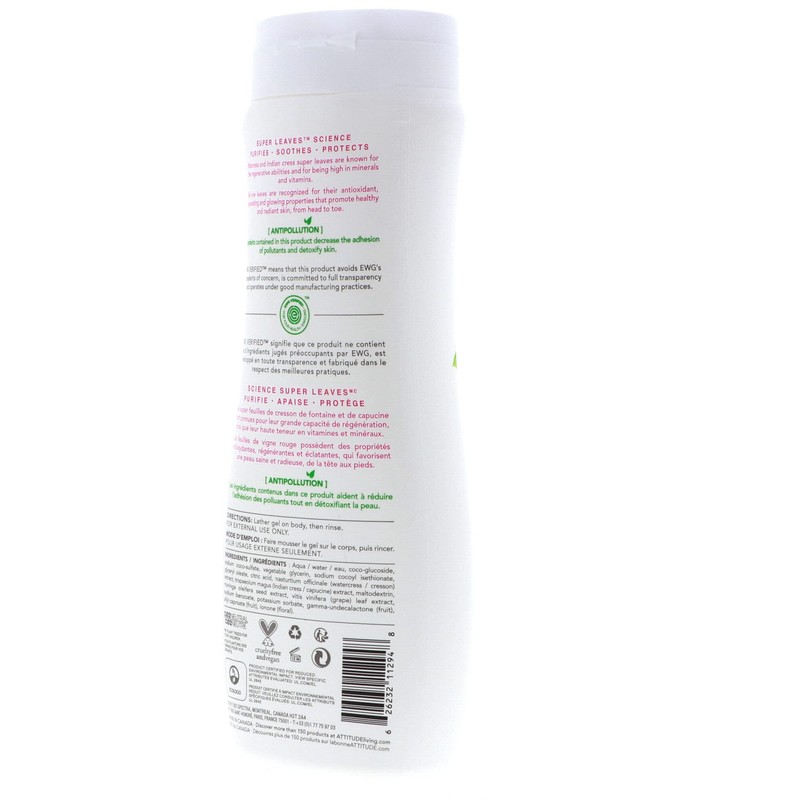 ATTITUDE Super Leaves, gel corporal hipoalergénico brillante, hojas de vid