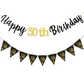 MAGLAUG 50th Birthday Decorations Banner Women Men, Black Gold Happy50th Birthday Banners for Men Women 50th Birthdays Banner Party Decorations (Birthday50th)