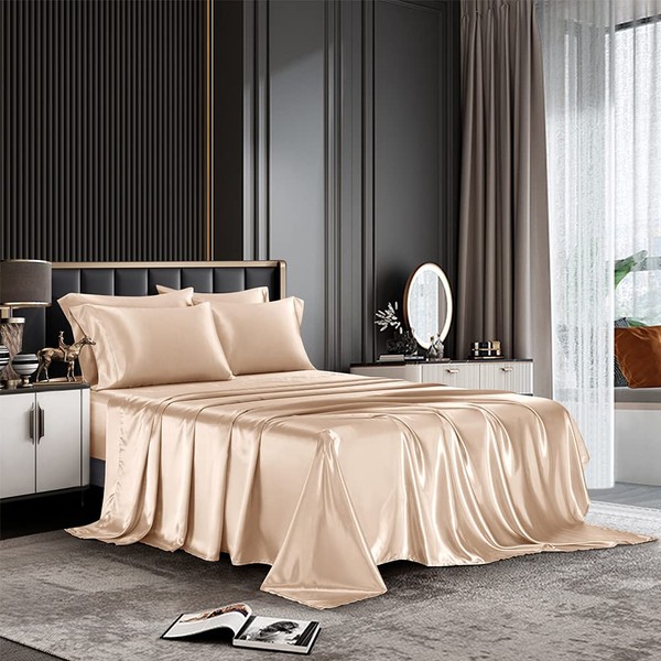 AiMay 6 Piece Satin Pillowcases Bed Sheet Set Deep Pocket