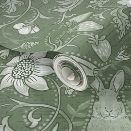 Peel & Stick Wallpaper 9ft x 2ft - Sage Woodland Damask Rabbits Flowers Birds Victorian Cottage English Monochrome Arts and Crafts Custom Removable Wallpaper by Spoonflower