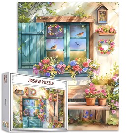 Window Bird Jigsaw Puzzles for Adults 1000 Pieces Colourful Floral Art Jigsaw Puzzle Country Pastoral DIY Puzzles for Home Decoration Gifts,Funny Family Puzzle Perfect for Game Nights,Gifts for Girls