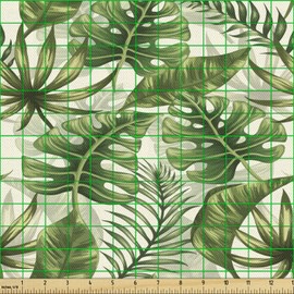 Lunarable Tropical Fabric by The Yard, Rainforest Island Jungle Foliage Pattern Green Leaves Retro Nature, Decorative Fabric for Upholstery and Home Accents, 2 Yards, Olive Green