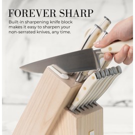 Styled Settings White Knife Set with Block and Sharpener – 14-Piece Ultra-Sharp High Carbon Stainless Steel Knives with Gold Triple Rivet White Handles and Ashwood Knife Block