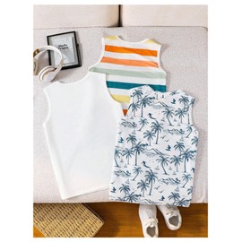 Floerns Boy's 3 Pack Tank Tops Crew Neck Sleeveless Summer Casual Beach Vacation Top White Multicolor 10Y