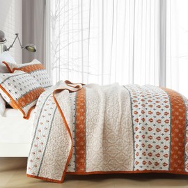 BCOTTOND Floral Quilt Set Queen Orange 100% Cotton Queen Size Quilt Bedding Set for King Bed Farmhouse Bedspread Queen Soft Lightweight Reversible Coverlet Comforter Set All Seasons 3 Pieces