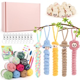 Coopay Sorgenwürmchen Häkelset, Häkel Set für Glückswürmchen mit 10x25g Bunt Häkelgarn, Glückswürmchen Häkel Set mit 40 Stk Holzkugeln mit Gesicht und Anleitung, Glückswürmchen Häkel