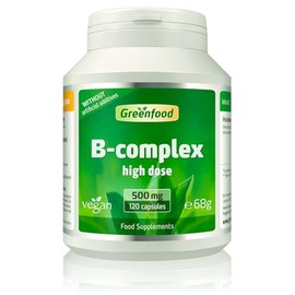 Greenfood B-Complex, 560 mg, high dose, 120 Capsules - All Vitamins of the B Group. Contributes to the Maintenance of Energy (B12), Nervous and Immune System (B6), Normal Skin and Hair (B7).Vegan