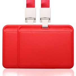 2PCS Horizontal ID Card Badge Holder with Lanyard Neck Strap Name Tag Card Holder Student Card Work Card ID Card (Red)