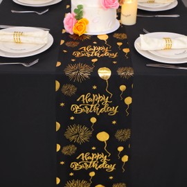 Snowkingdom Happy Birthday Table Runner Black and Gold 120 Inches Glitter Foil Metallic Thin Mesh Balloons Table Runner Celebrate Birthday Party Kitchen Dining Table Centerpieces Decorations