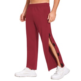 Deyeek Men's Tear Away Pants 2 Side Snap Open Bottom Sweatpants Loose Fit Casual Post Surgery Pants with Pockets Dark Red