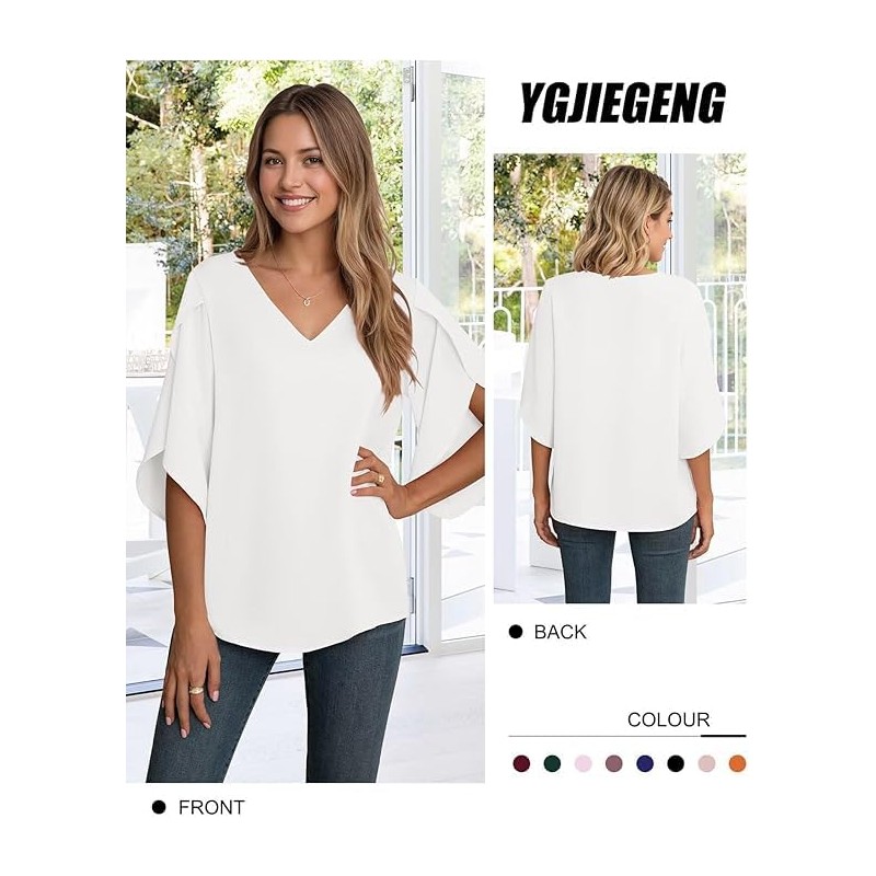 YGJIEGENG Women's Chiffon Blouse Ladies Tops Elegant Casual Loose 3/4