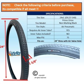24 X 1 3/8" (37-540m) Pneumatic TIRE, Black Non-Marking. Price is for a Set of 2 Tires