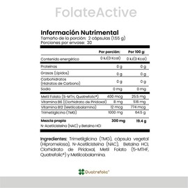 CellX | FolateActive con Metilfolato Quatrefolic 400 mcg, TMG 1000 mg, Vitamina B6 8 mg y B12 12 mcg | Mezcla de NAC y Betaína HCl 300 mg | 60 Cápsula