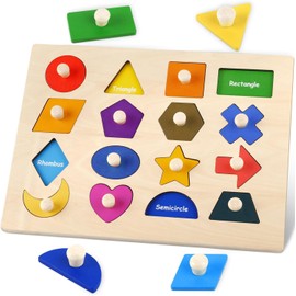 Montessori Toy Wooden Shape Peg Puzzle, Fine Motor Color Matching Sorting Board, Early Learning Educational Activity Toy Preschool Toddler Baby 3 4 5 Year Old