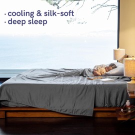 YnM Cooling Bed Sheet Set with 100 Percent Rayon Derived from Bamboo, 400TC Fabric with 1 Pillowcase and Flat Sheet, Deep Pocket Fit 19'', Silky-Soft & Sweat Wicking, 3 Piece (Twin XL, Dark Grey)