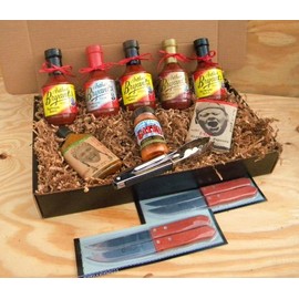 Arthur Bryants Barbecue Sauce Premium Gourmet Box Set [Includes 5 Bottles of Sauces, KC Seasoning Rub, Honey Cayenne Hot Sauce, Hot & Spicy Popcorn, Stainless Steel Tongs & 4 Premium Wood-Handled Steak Knives]