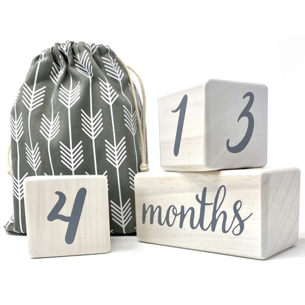 Pondering Pine Baby Milestone Blocks - Natural White Stain Pine Wood with Weeks Months Years Grade - Milestones Age Block Set with Bag, Newborn Weekly Monthly First Year Picture Props, Earth Friendly