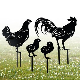 Hicello Metal Black Chicken Family Garden Outdoor Ornaments, Animal Garden Decorative Skates, Metal Lawn Outdoor Art, Ornamental Gardening Sculpture