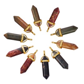 BEEFLYING 10 Pcs Bullet Shape Gemstone Charm Natural Picasso Jasper Stone Pendant Crystal Hexagonal Pendant with Platinum Brass Findings for Jewelry Making Crafts Supplies
