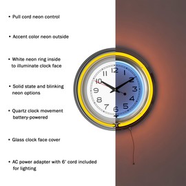 Lavish Home Neon Wall Clock- 14” Round, Double Light Ring, Dual Power, Analog Quartz Timepiece- Retro Decor for Bar, Garage & Game Room (Yellow)