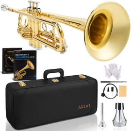 AKLOT Hand-Hammered Bell Bb Trumpet: Smooth Valve Action, Clear Lacquer Finish, Adjustable Tuning Slides, Complete Beginner Set with Leather Case, Lesson Book, Trumpet Mute, Cleaning Kit (SNR-BrzSF)
