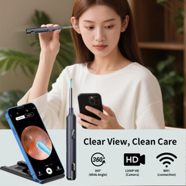 Wax Removal Kit for Ears, Ear Wax Removal Tool Built-in 1200P Camera, Earwax Removal Camera Kit with 15 Ear Set, 7 Traditional Tools, 1 Mobile Phone Stand, Ear Camera for iOS Android (Black)