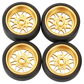 4 Pcs 25mm Star Shaped Rc Drift Wheels & Logo Drift Tires for 1/24 1/28 Wltoys, [2N+2W] Aluminum Alloy Rims with Rc Drift Car Tires for 1/24 1/28 Mini-Q HGD1 Wltoys K969 K989 k929(Gold)