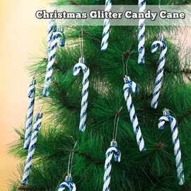 60 Pcs Christmas Glitter Candy Cane Plastic Candy Cane Ornaments Xmas Tree Decorations Christmas Tree Hanging Ornaments for Holiday Party Decoration Favors (Blue)