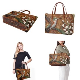 Sannovo Hummingbird Print Purse and Handbag Set for Women, Lightweight Tote Bag Hobo Bag Large Shoulder Satchel Purse with PU Wallet Leather Make Up Bag for Travel Shopping, Brown