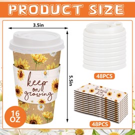 JarThenaAMCS 48 Set Sunflower Disposable Coffee Cups with Lids and Sleeves Daisy Sunflower Paper Cups Summer Drinking Cups for Summer Party Supplies