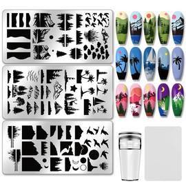 PH PandaHall 3pcs Natur Nagel Stempel Schablonen Forest Nails Art Stencils Mountain Nail Art Schablonen Night Sky Print Nails Stencils mit Stamper und Scraper für Frauen DIY Maniküre Salon 12x6cm