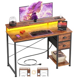 Korfile 47 Inch Computer Desk with Power Outlets & LED Lights, Home Office Desk with Storage Drawers and Monitor Stand, Writing Work Study Desk for Bedroom Living Room
