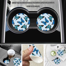 Blue Butterfly Steering Wheel Cover for Women Men with 2 Pcs Car Coasters, Universal 14.5-15 Inch Rainbow Steering Wheel Covers Non-Slip Car Accessories for Girls