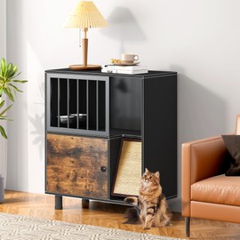 Dog Proof Cat Feeding Station, Cat Feeding Station with Scratching Board, Raised Bowls for Indoor Cats, Elevated Food Bowls with Stand, Vintage Black Furniture