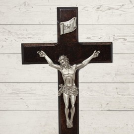 Jeweled Cross Walnut Crucifix, Antique Pewter Corpus Wooden Wall Cross with Keyhole for Hanging, Catholic Home Décor, Brown, 8 inch H, 3-12 inch