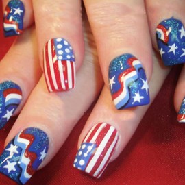 4th of July False Nails Short Square Independence Day Press on Nails American Flag Glue on Nail with Star Stripe Design Glossy Patriotic Acrylic Fake Nail for Women
