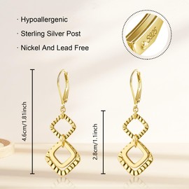 14K Gold Plated Dangle Earrings for Women, ALEXCRAFT Dangling Drop Handmade Geometric Hammered Square Earring Trendy Leverback Dangly Handcrafted Minimalist Unique Earings Hypoallergenic