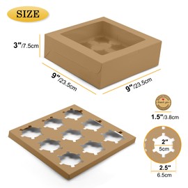 POPUFUN 9-Count Cupcake Boxes with Window and Insert, 9x9x3 Inch, Brown, Suitable for Cupcakes, Muffins, and Cookies, 8 Pack