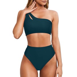 MOOSLOVER Women Cutout One Shoulder High Waisted Bikini High Cut Two Piece Swimsuits(S,Peacock Blue)