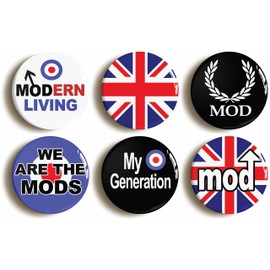 6 x"MOD SIXTIES RETRO" BADGES BUTTONS PINS (1inch/25mm diameter)