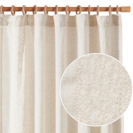 jinchan Boho Curtains for Bedroom Ivory Vintage Floral Farmhouse Curtains 72 Inches Long Linen Blend Drapes for Living Room Embroidered Drapes Light Filtering Rod Pocket Ivory on Beige 2 Panels