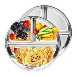 Hundredweat Pack of 2 Stainless Steel Children's Plates, Divided Food Tray, 23 cm Portion Control Plates, Bariatric Plate, Dinner Plate for Adults, Camping Esstray (Three Grids)