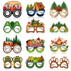 JIUMANGO 24 PCS Camping Paper Eyeglasses Camping Party Favors Supplies Camping Camp Birthday Party Decorations Gifts Photo Booth Props for Kids Boys Girls
