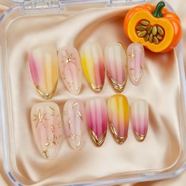 French Tip Press on Nails Almond Fake Nails with Embossed Gold Star Pattern Design Nude Pink Stick on Nail Full Cover Artificial Glue on Nails Reusable False Nail for Women Manicure 24Pcs